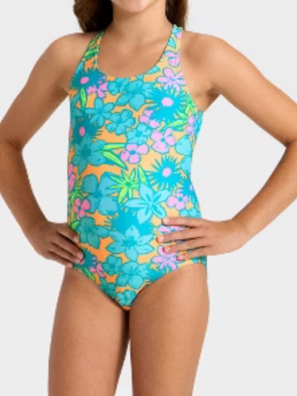 Cat & Jack Girls' Floral One-Piece Swimsuit - Teal, Pink, Yellow, YXS (4-5), NWT